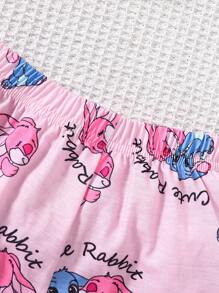 2pcs/Set Young Girl Cute Rabbit Print Flame Resistant Short Sleeve Shirt And Pants Pajama Set,Pink,Summer,Fairy,Family Matching,Holiday Travel Sleep - Pink - View 6