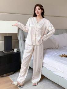 DAZY 加大码碎花蕾丝拼接宽松睡衣套装，女士秋冬睡衣 - 米色 - 查看 6
