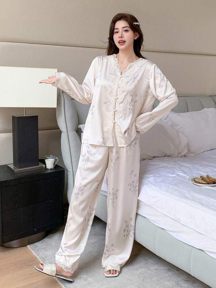 Plus Size Floral Print Lace Trim Patchwork Loose Sleepwear Pajama Set For Women, Fall Winter Clothes Pajama