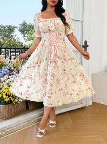 SHEIN CURVE+ Plus Size Summer Off Shoulder Waist Ruched Romantic A-Line Dress - Multicolor - View 4