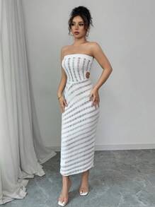 Chiquease 全新欧美风格海滩度假性感紧身简约时尚镂空半透明女士毛衣连衣裙，春夏 - 白色 - 查看 7