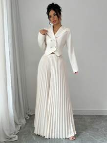 SHEIN PETITE Bộ quần dài xếp ly thanh lịch cho nữ - Màu be - Xem 4