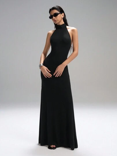 LYSMO Plus Size Women's Backless Deep V-Neck Dress - Spring/Summer Resort Style - 2025 New Arrival High Neck Dress Black Formal Evening Gown Black Tie Dresses For Women Long Black Elegant Dress