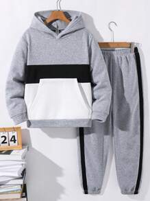 SHEIN Tween Boys Multi-Fabric Hooded Zip-Up Cardigan And Drawstring Pants Set, Can Be Matched With Boys Thanksgiving, Christmas Outfits