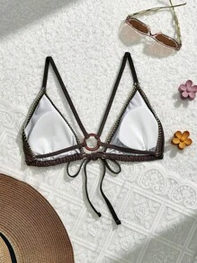 SHEIN MOD Bikini Swimwear Top With Front Tie, Trim Edge Design & Back Circular Ring Detail, For Summer Beach Vacation - Brown - View 2