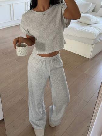 CovetEZ Ensemble maison tricoté gris pour femme, top et pantalon simples, tendance, décontractés et quotidiens