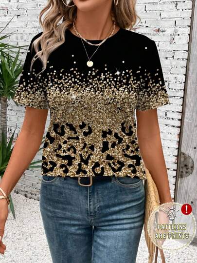 EMERY ROSE Camiseta casual minimalista de mujer con estampado de leopardo y patrón de lentejuelas degradadas, corte holgado de cuello redondo y manga corta