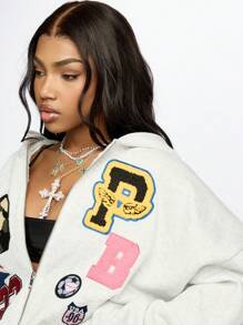 SUMWON WOMEN Varsity Style Full-Zip Hoodie With Patches Applique Badge Design Streetwear Athletic Number 23 Bomber Jacket Style Sweatshirt With Chain Necklace Y2K Fashion Autumn Winter Casual Graduation,Back To School Outfits,Graduation,Teacher Outfits For Women,Back To School