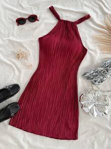Soleia Halter Neck, Fitted, Solid Color, Pleated Mini Dress,Summer Dresses For Women - Burgundy - View 5