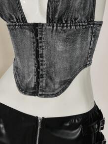 SHEIN ICON 女式深 V 领不对称下摆 Y2K 黑色性感吊带牛仔上衣 - 黑色 - 查看 14