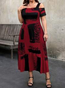 EMERY ROSE Plus Size Women Knit Slim Fit Long Printed Hollow Short Sleeve Square Neck Dress - Burgundy - View 5