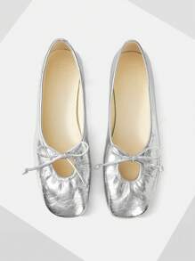 MOTF PREMIUM FASHIONABLE CASUAL COMFORTABLE VERSATILE SILVER BOW DECOR MARY JANE FLATS, SPRING SHOES, SPRING BREAK EASTER - Silver - View 1