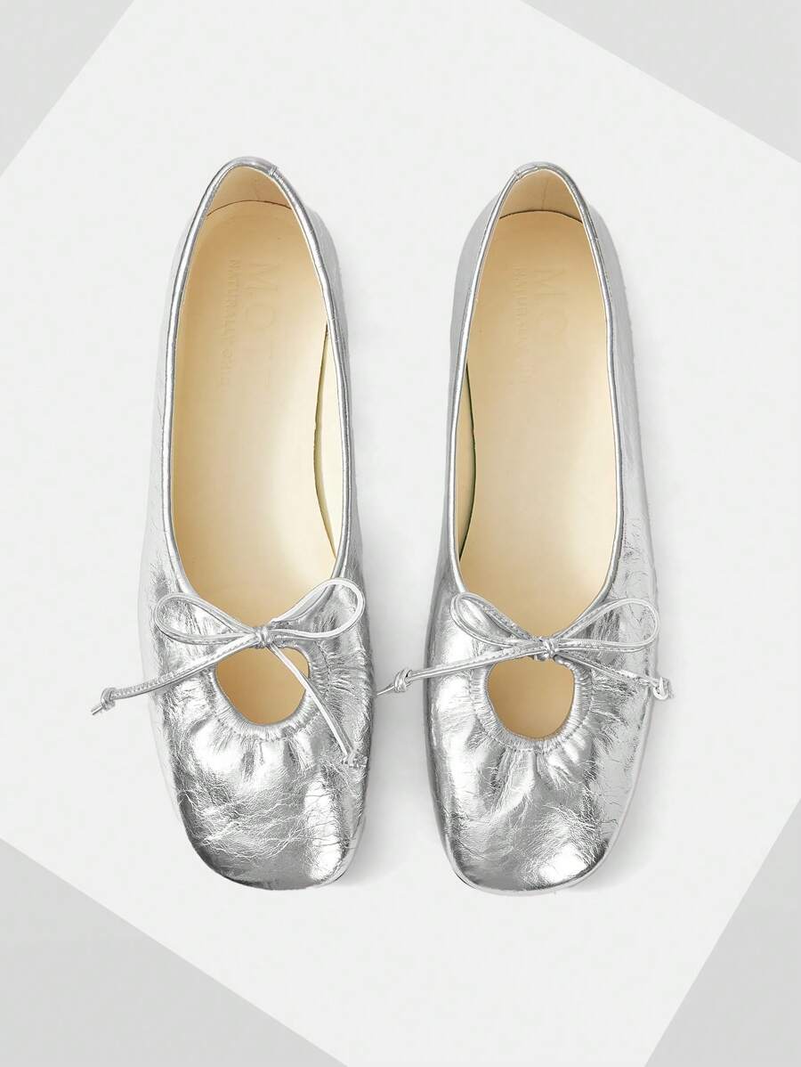 MOTF PREMIUM FASHIONABLE CASUAL COMFORTABLE VERSATILE SILVER BOW DECOR MARY JANE FLATS, SPRING SHOES, SPRING BREAK EASTER - Silver - View 1