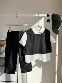 SHEIN Leap Crew 3pcs Young Boys' Korean Style Set,Round Neck Vest,Short Sleeve Shirt,Solid Color Pants,Summer,Family Matching,Back-To-School Kids' Outfits For School - Black and White - View 1