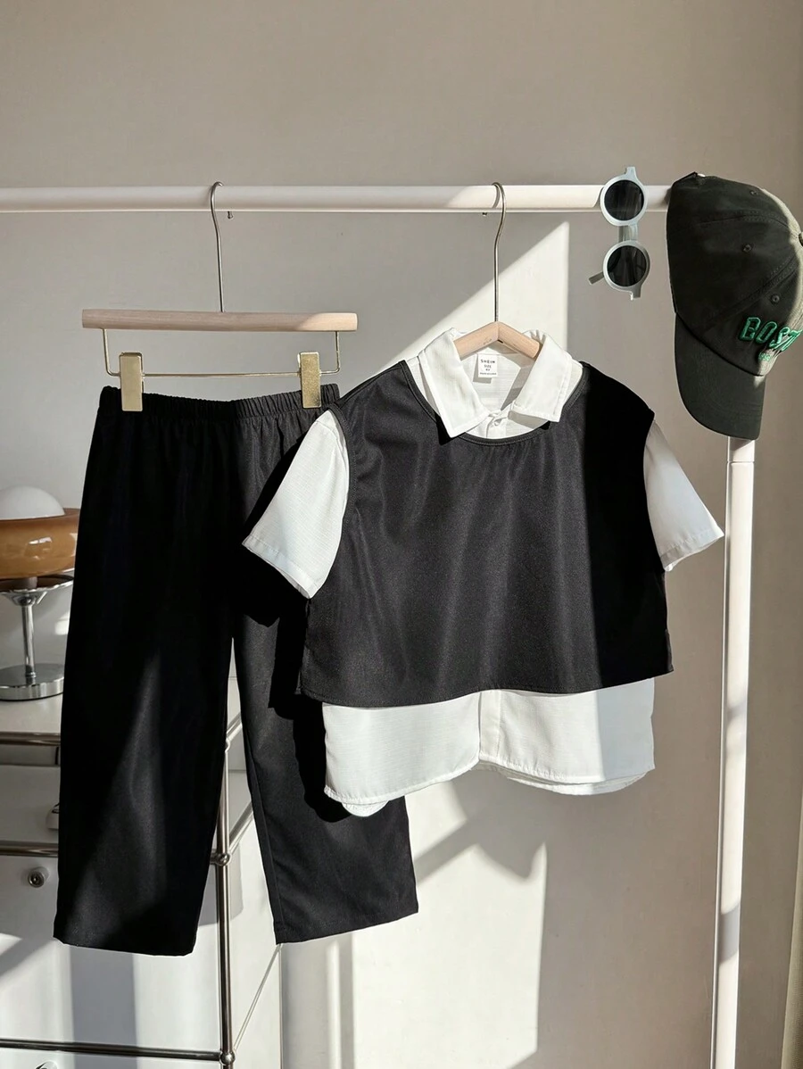 SHEIN Leap Crew 3pcs Young Boys' Korean Style Set,Round Neck Vest,Short Sleeve Shirt,Solid Color Pants,Summer,Family Matching,Back-To-School Kids' Outfits For School - Black and White - View 1