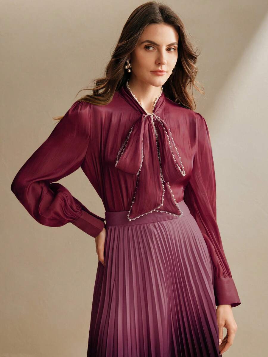 Anewsta Áo sơ mi dài tay rộng rãi thắt nút ngọc trai màu mơ cho nữ - Đỏ - Xem 1