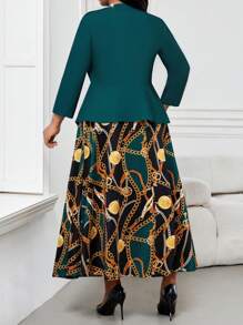 Fleurora Conjunto de 2 piezas de talla grande: chaqueta de manga larga y vestido de un solo color, casual y de moda para uso diario en primavera, verano, otoño e invierno. Vestido casual y elegante de cuello redondo, con volantes, cinturón, botones y manga larga. Conjunto de ropa profesional con falda marrón y falda amarilla