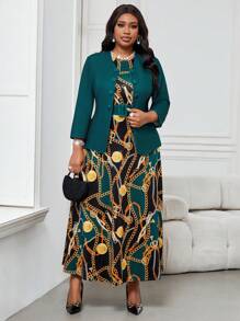 Fleurora Conjunto de 2 piezas de talla grande: chaqueta de manga larga y vestido de un solo color, casual y de moda para uso diario en primavera, verano, otoño e invierno. Vestido casual y elegante de cuello redondo, con volantes, cinturón, botones y manga larga. Conjunto de ropa profesional con falda marrón y falda amarilla