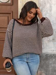 SHEIN LUNE 大码女式露肩横条纹单肩套头衫商务休闲女士、度假装、乡村上衣