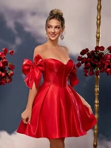 Lovelzi Elegant And Romantic Red Glossy Satin Off The Shoulder Exaggerated Big Bow Sleeves Wedding Guest Dress, Suitable For Evening Parties Valentine's Day Date Back-To-School Prom Dress Homecoming Dress, Party Dress - Red - View 5