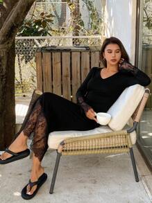 Livesso Charming Lace Patchwork Cinched Waist Women's Long Nightgown, Spring & Summer, Pajama, Fall, Winter - Black - View 1