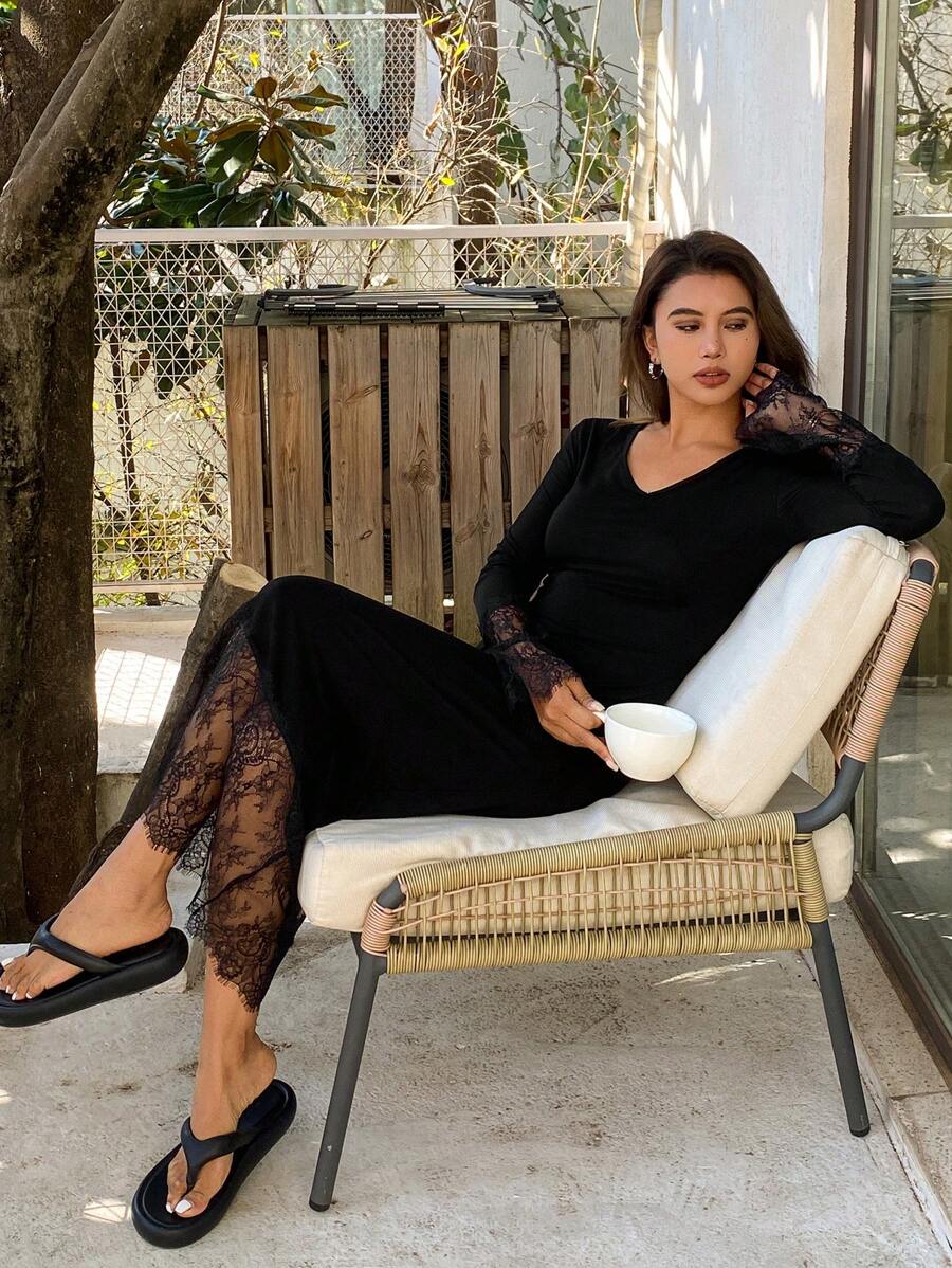 Livesso Charming Lace Patchwork Cinched Waist Women's Long Nightgown, Spring & Summer, Pajama, Fall, Winter - Black - View 1