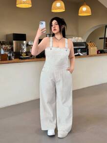 SHEIN EZwear Plus Size Wide Strap Button Pocket Simple Casual Denim Bib Pants - White - View 2