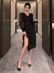 DAZY V-Neck Sequin Puff Sleeve Split Ruffle Hem Mid-Length Dress For Women Prom Dress,Fall Dress Long Sleeve Dress Elegant Women Dresses - Black - View 7