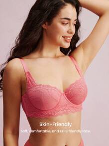 LUVLETTE 女士内衣休闲曲线半罩杯聚拢透气钢圈性感无衬里粉色蕾丝优雅网眼迷你文胸新娘内衣