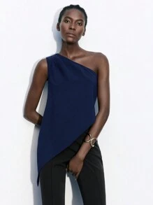 Maija Women's Elegant Sleeveless Ruched One Shoulder Top,Navy Blue Summer Casual Top,Party Night Graduation Beach Holiday Independence Day Top - Navy Blue - View 5