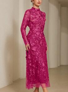 Aveloria Rosie Đầm dài tay cổ đứng thắt eo thêu hoa lãng mạn thanh lịch, trang phục dự tiệc sang trọng cho phụ nữ vào mùa xuân - Màu Hồng Tươi - Xem 6