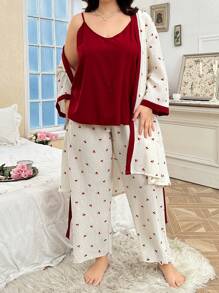 CottageSlumber Conjunto de camisola y bata de dormir de talla grande con bloque de color e impresión de cerezas, perfecto para vacaciones