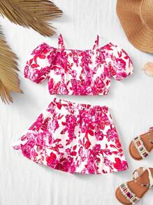SHEIN Baby Girl Summer Vacation Matching Family Outfit, Mother And Daughter Floral Pattern Camisole Top And Midi Skirt Set