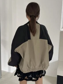 DAZY Women's Contrast Color Block Loose Stand Collar Jacket,Fall Clothes - Grey - View 5