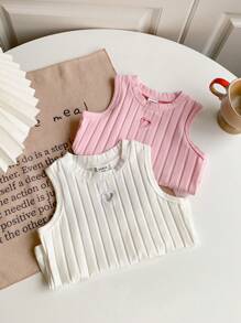 SHEIN Playful Pals 2件組女嬰0-3歲可愛夏季畢業返校白色與粉色鏤空愛心圓領無袖T恤上衣棉針織面料 - 彩色 - 查看 7