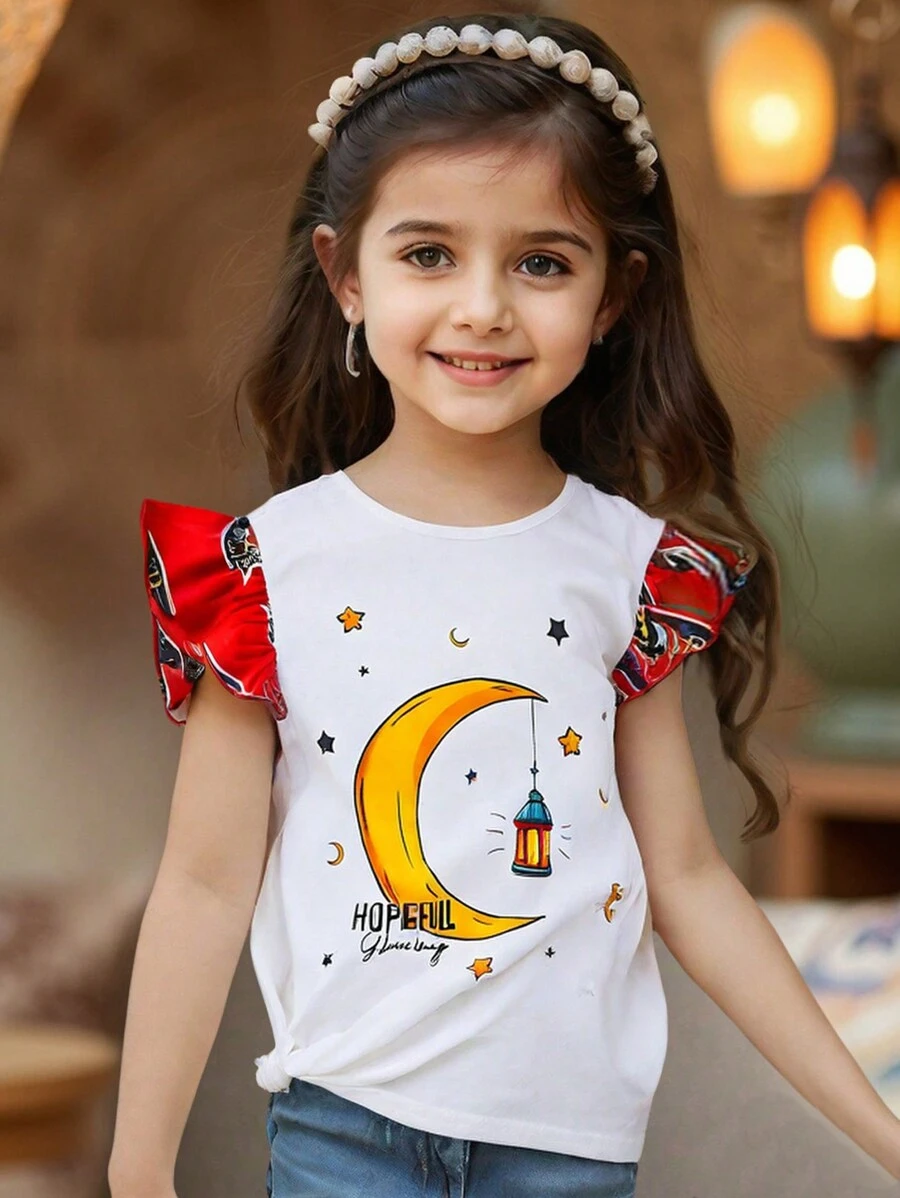 SHEIN رمضان تي شيرت قطني بأكمام مطوية ومقصورة للفتيات المراهقات، بطبعة نجوم وهلال نمط يومي عادي - أبيض - مشاهدة 1