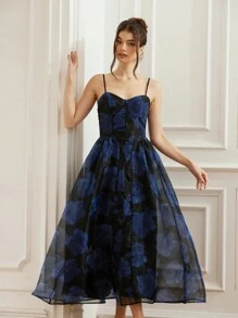 Aveloria Rosie Abito elegante da donna in organza con maniche lunghe senza maniche, stampa floreale, orlo a tulipano, adatto per cocktail festa, vacanze, compleanni, occasioni speciali
