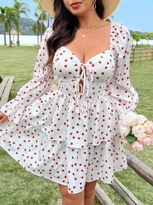Flirla Plus Size Valentine's Day Heart Print Lace-Up Dress