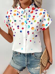 SHEIN LUNE 女士彩色圆点纽扣短袖衬衫 - 彩色 - 查看 6