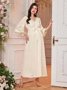 SHEIN Maternity Solid Color Patchwork Tassel Decor Simple Casual Dress