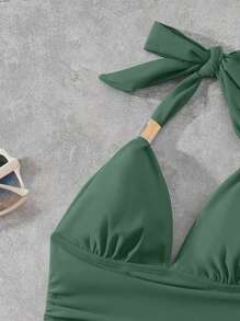 Swim Lushoire Đồ bơi một mảnh hở lưng màu trơn cho nữ, vừa vặn, cho kỳ nghỉ hè ở bãi biển - màu xanh lá - Xem 4