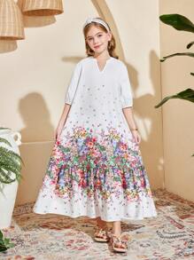 SHEIN Tween Girls V-Neck Puff Sleeve Loose Mid-Length A-Line Printed Dress - White - View 4