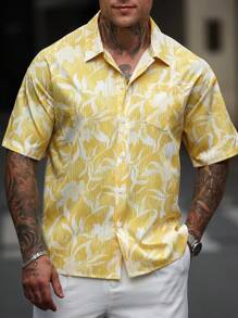 Manfinity RSRT Men's Vacation Casual Style Featuring An INS-Inspired Spring/Summer Impressionist Yellow SunDitsy Floral Bubble-Textured Jacquard Short-Sleeve Loose-Fit Shirt With A Button-Front Closure-Perfect For Music Festivals Men's Casual Jacquard Woven Yellow Shirt, Summer, Yellow For Men, Summer Shirt For Men, Vintage Shirts For Men, Party Shirts For Men