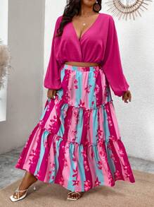 Breezaya Elegant Women Summer 2pcs Set Solid Color Lightweight Loose Long Sleeve V-Neck Top + Long Striped Hem Color Floral Skirt, Plus Size