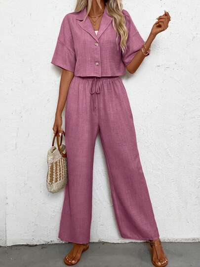 SHEIN LUNE 2st Kvinnor Set av Linne Enfärgad Drop Shoulder Blus Och Byxor