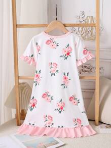 年轻女孩花卉印花荷叶边休闲长睡袍，舒适家居服 - 粉色 - 查看 2