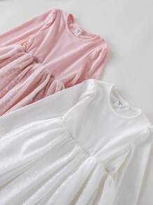 PrepCrw Young Girls Spring/Summer White/Pink Academic Style Knit & Mesh Waist Shaping A-Line Round Neck Dress/Set