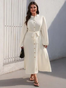 Aveloria Modichic Elegant Plus Size Women Metal Buckle Stand Collar Long Sleeve Midi Dress With Waistband And Creased Fabric Texture