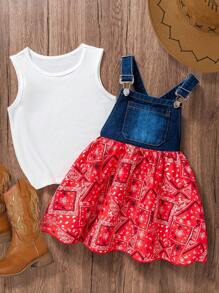 SHEIN Young Girls 2pcs Sets, Spring And Summer Wildeya New Retro Styles: Fashionable Casual Washed Blue Patchwork Red Retro Print Suspender Skirt With Apricot Camisole, Cute And Suitable For Outdoor Activities, Everyday Wear, And Ranch Life, School, Campus, College