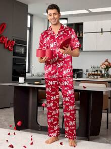 بيجاما رجالية خفيفة الوزن، طقم سترة قصيرة الأكمام مفتوحة أمامها مطبوع عليها حروف باللون الأحمر قماش شرير كهدية عيد الحب للرجال